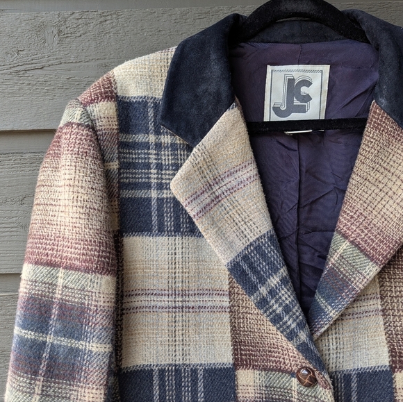 VTG 80s JLC Patchwork Wool Plaid Blazer Lined Chore Coat Size XL - Picture 2 of 11